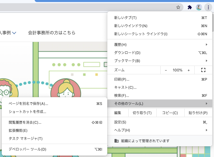 スクリーン・ショット：メニューからデベロッパーツールを開こうとしている