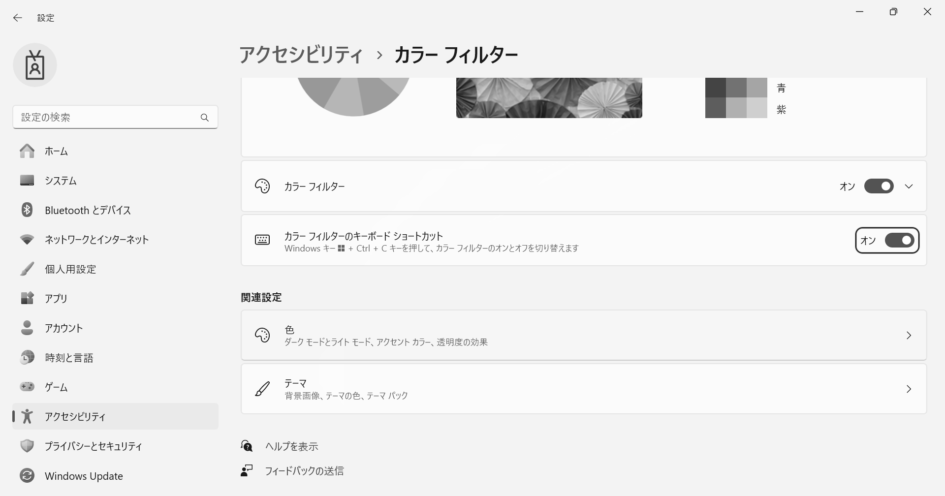 スクリーン・ショット：カラーフィルターの設定画面でキーボードショートカットを有効にする