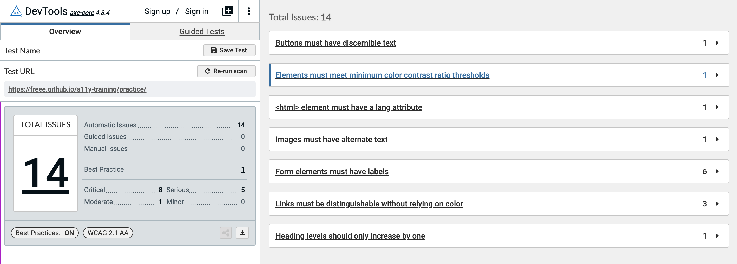 Screenshot: Displaying issues on the page with axe DevTools