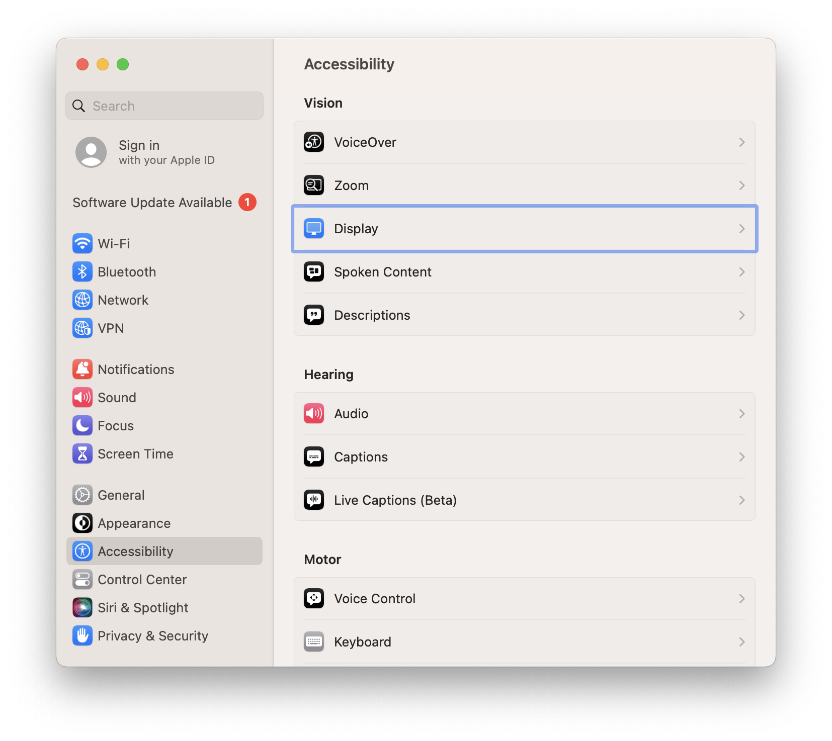 Screenshot: the Accessibility, Display settings