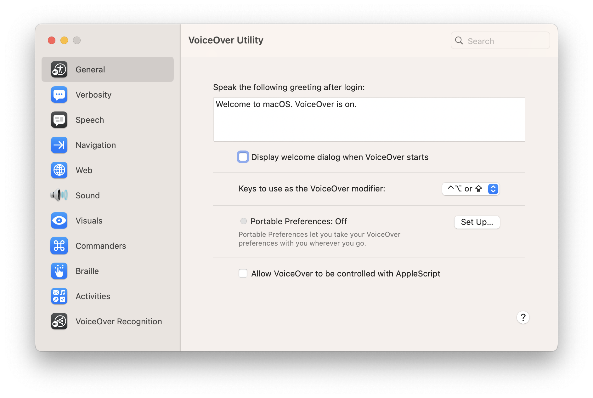 Screenshot: VoiceOver Utility (Selecting "General")