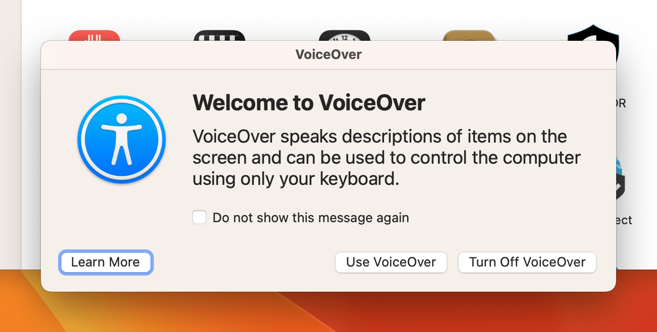 Screenshot: VoiceOver Welcome Dialog