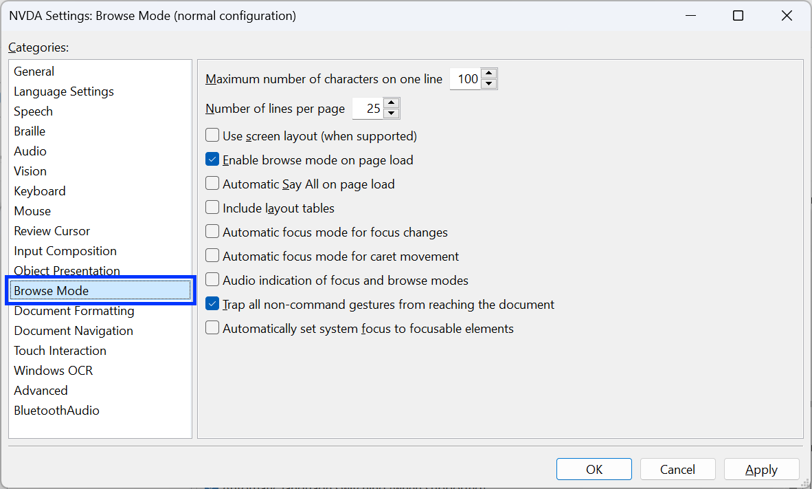 Screenshot: NVDA settings screen ("Browse Mode" selected)