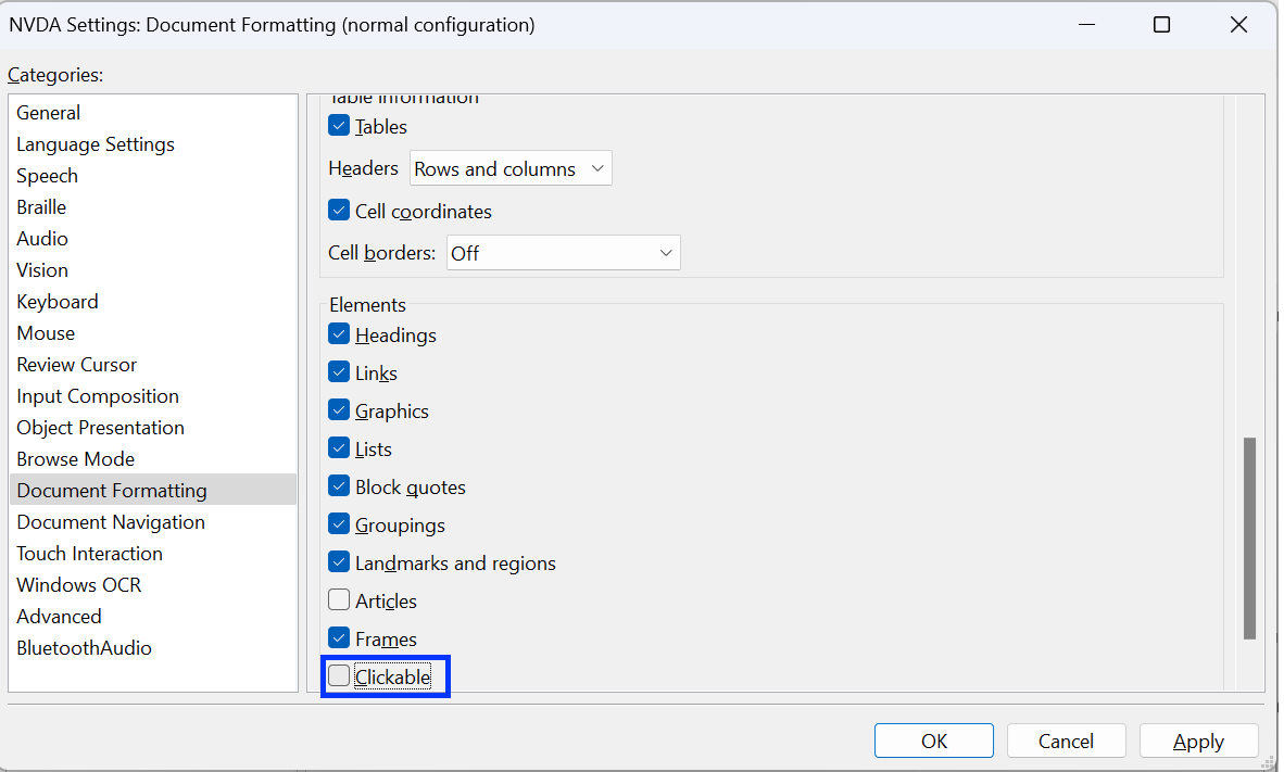 Screenshot: NVDA settings screen ("Document Formatting" selected)