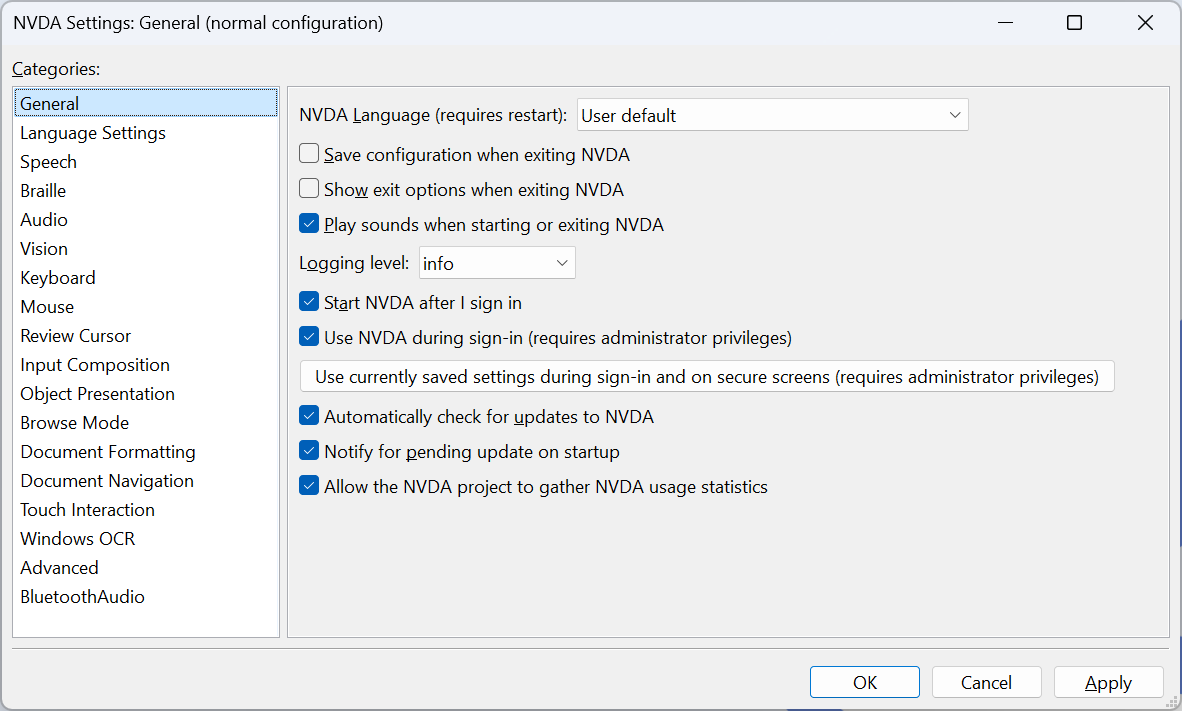 Screenshot: NVDA settings screen ("General" selected)