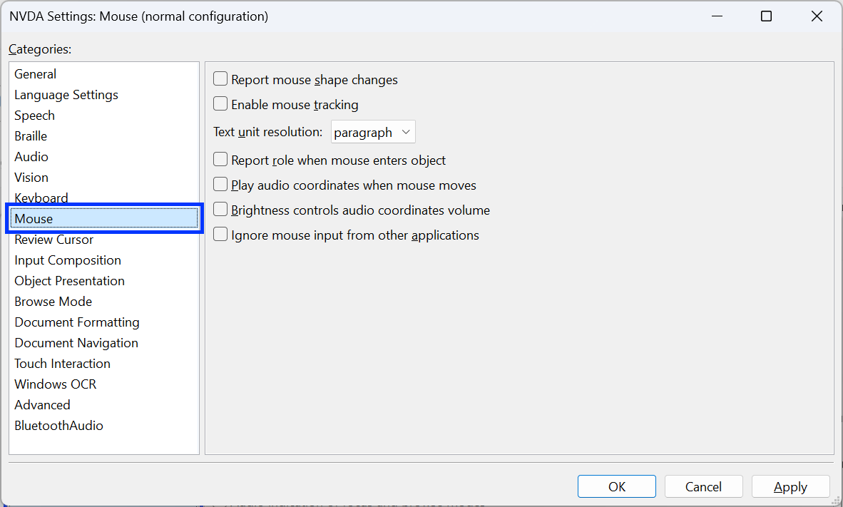 Screenshot: NVDA settings screen ("Mouse" selected)