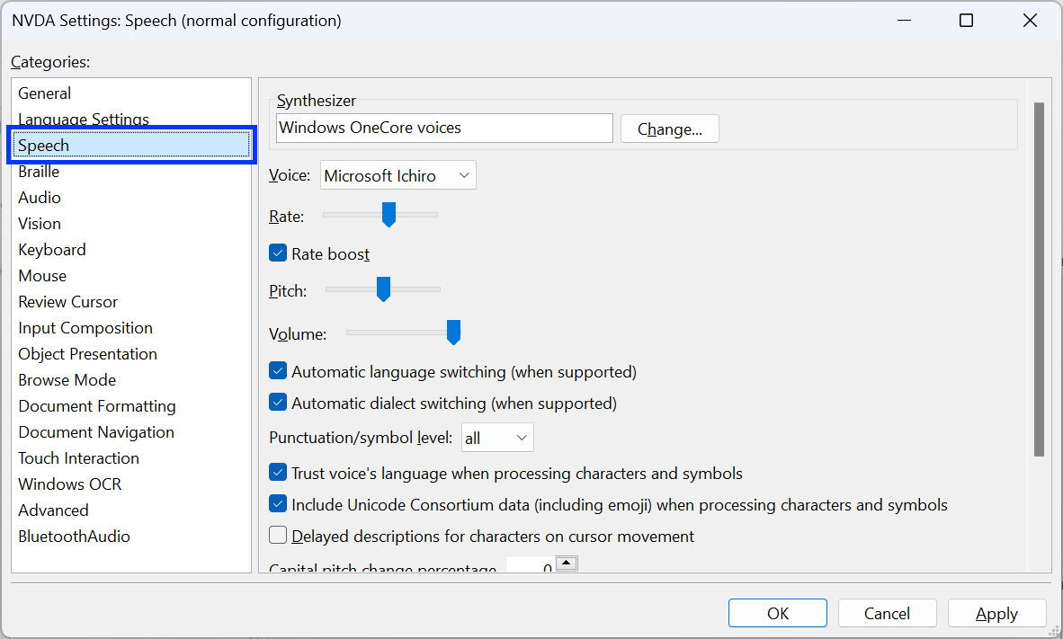 Screenshot: NVDA settings screen ("Speech" selected)