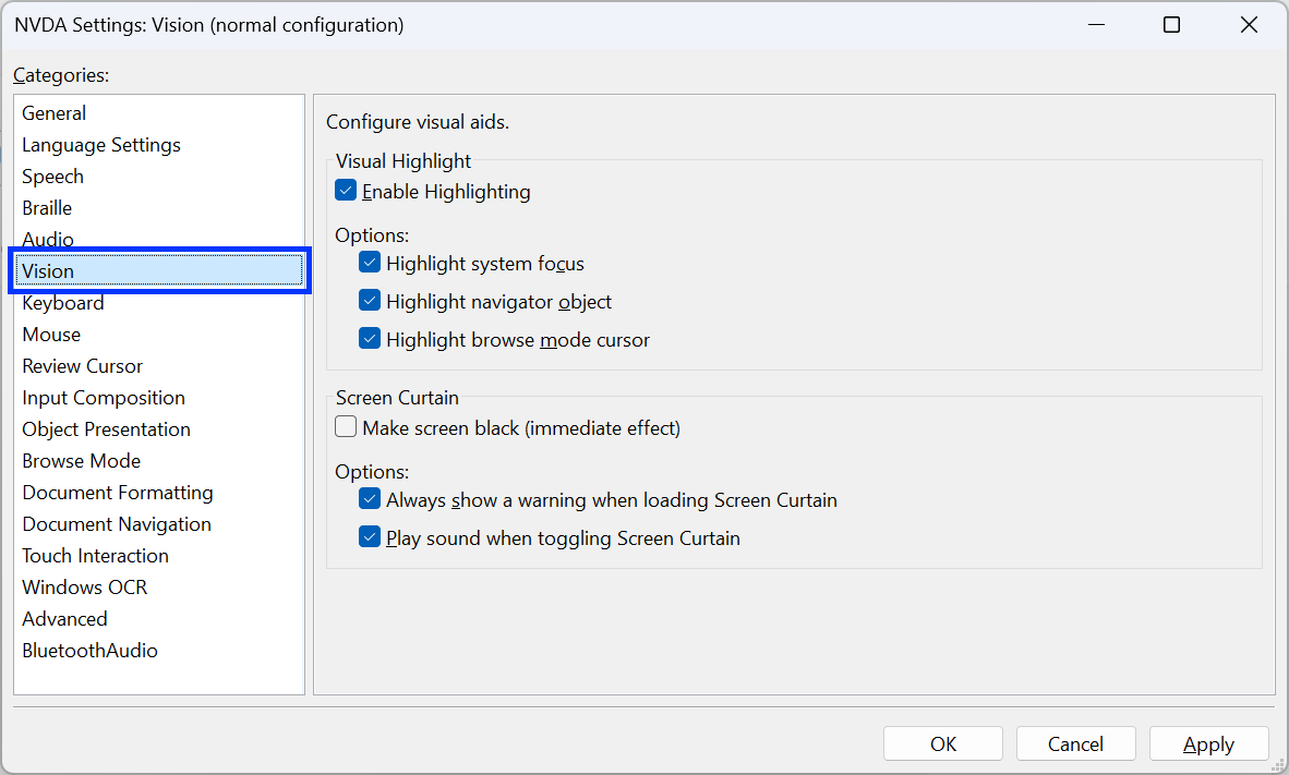 Screenshot: NVDA settings screen ("Vision" selected)
