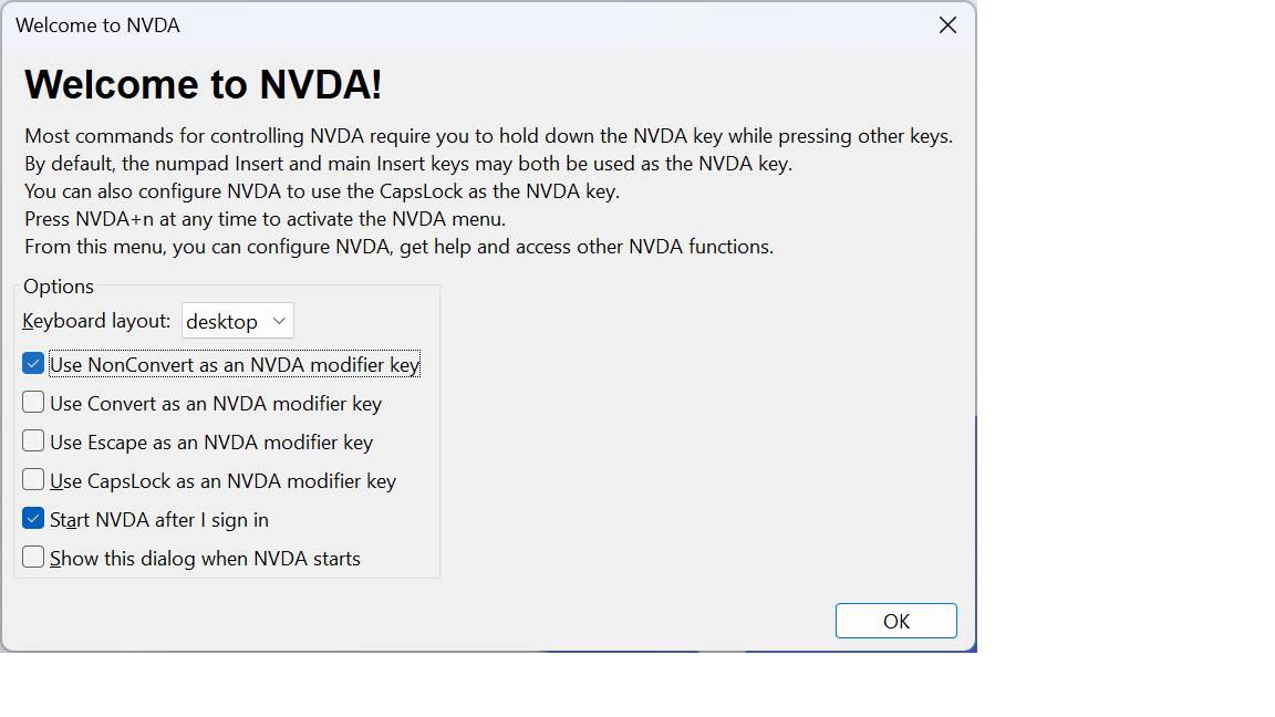 Screenshot: NVDA's "Welcome dialog"