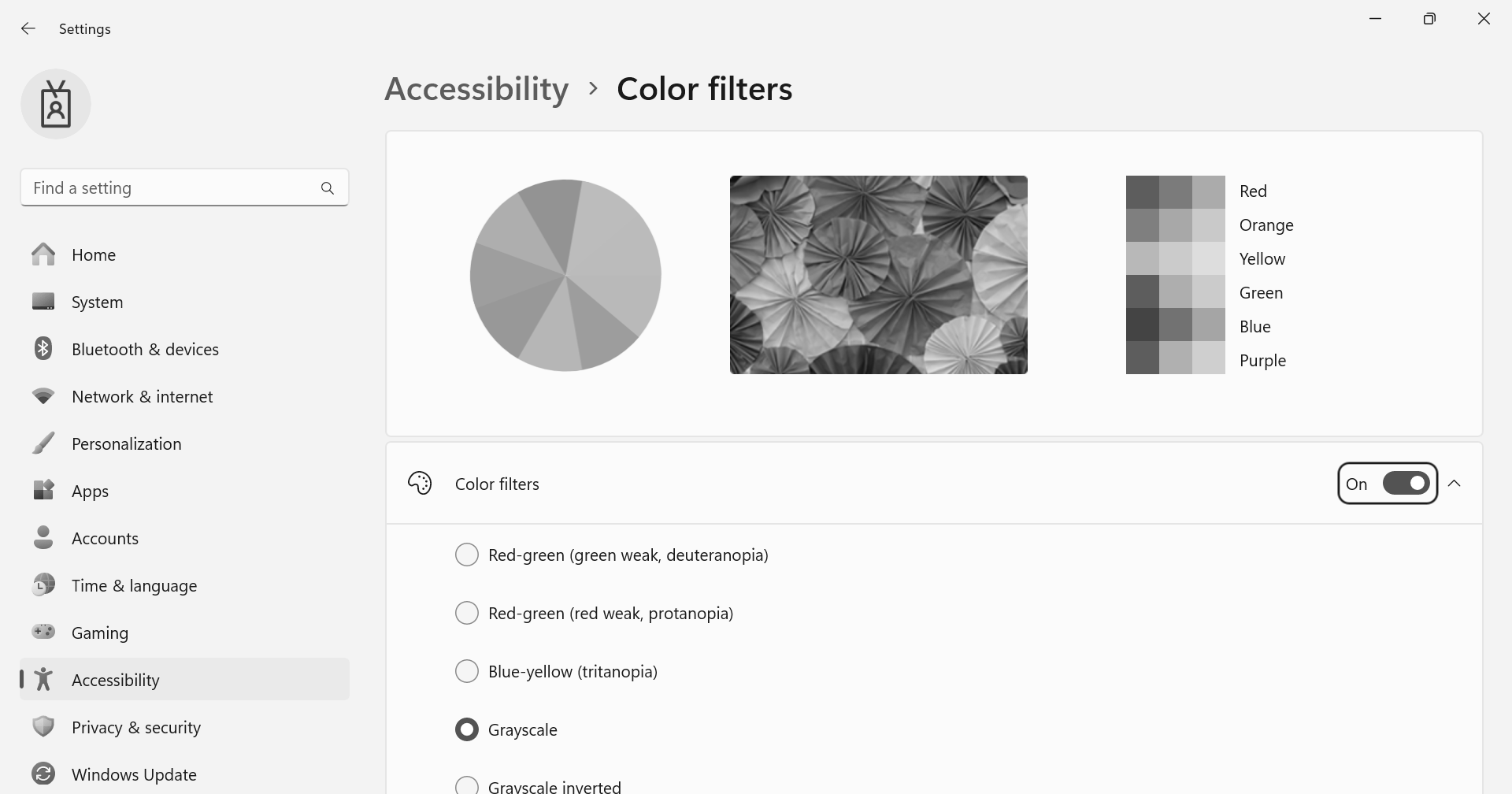 Screenshot: the Color Filters settings