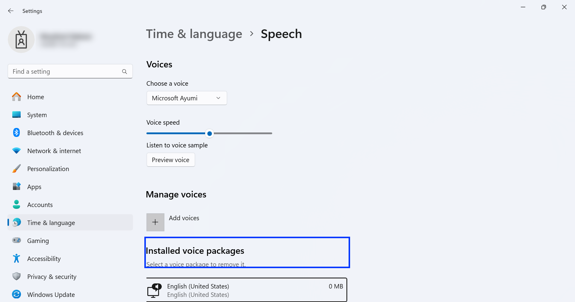Screenshot: the Speech Settings screen of Windows 10